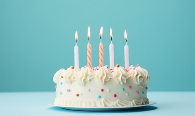 birthday cake with  five 5 candles on pastel blue background with copyspace - obrazy, fototapety, plakaty