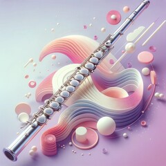 Minimalist and modern flute illustration with 3D floating elements in pastel tones, embodying tranquility and balance. - obrazy, fototapety, plakaty