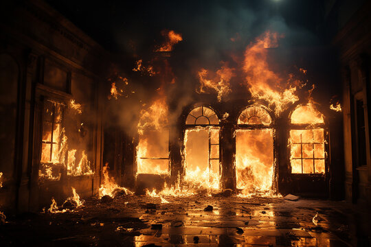 A burning building. A fire in an ancient hall.