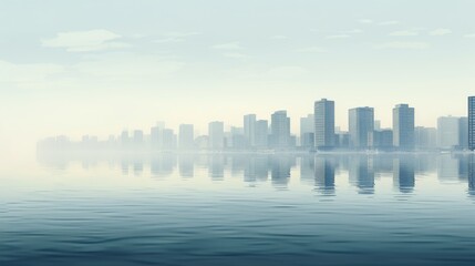 Minimalistic modern scene with buildings positioned in water. Hyper-realistic, sharp-focus with light haze creating a dreamy atmosphere. Unique architectural features in a serene ambiance