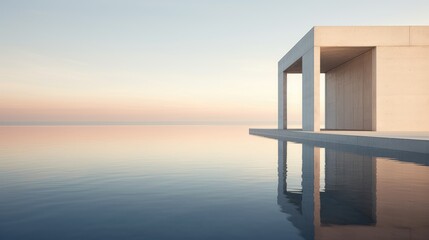 Minimalistic modern cityscape with sharp-focus buildings, water, and soft haze. Ethereal quality, serene vibe, and tranquil atmosphere