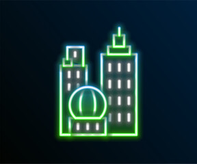 Glowing neon line City landscape icon isolated on black background. Metropolis architecture panoramic landscape. Colorful outline concept. Vector