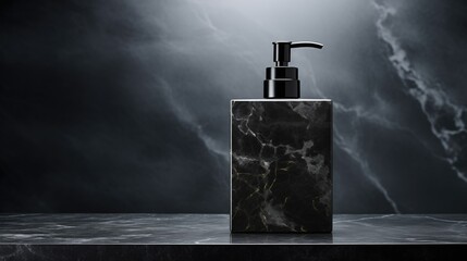 Industrial-style black lotion pump on a luxurious marble shelf. Hyper-realistic with intricate craftsmanship and minute detail. Robust design, metal texture, and precision nozzle - obrazy, fototapety, plakaty