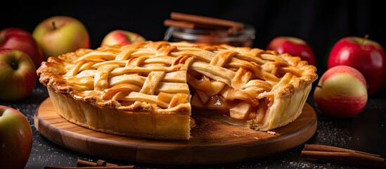 I sliced a sweet apple pie baked fresh from the bakery and savored every bite of the delicious fruity dessert - obrazy, fototapety, plakaty