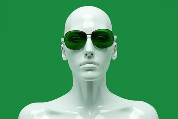 Vibrant green background with a white mannequin head. Sharp focus, intricate details. Quirky characters in hyper-realistic style. Neoplasticism and abstract artistry
