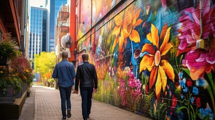 Vibrant urban street with colorful mural, sharp-focus graffiti art, and bustling pedestrians. A...