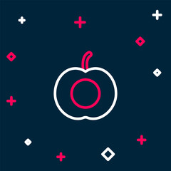 Line Peach fruit or nectarine with leaf icon isolated on blue background. Colorful outline concept. Vector