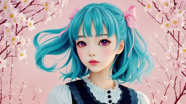 Cute anime girl with blue hair against on a pink background of flowers