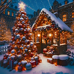 Christmas Idyll: Illuminated Christmas Tree in Front of the House