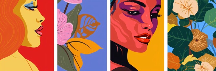 five different cover illustrations for magazine in a woman's drawing, pop art flat colors, free-form compositions, botanical abstractions