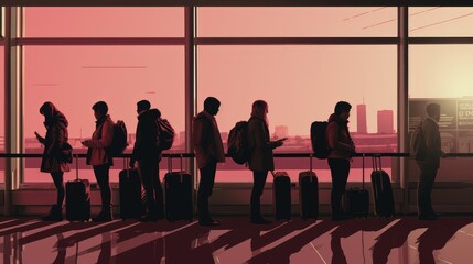 A maroon and black airport scene captures weary travelers waiting in line, reflecting the frustrations of air travel and consumer culture - obrazy, fototapety, plakaty