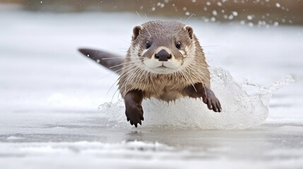 Running on the ice in captivity is the European otter (Lutra lutra). - obrazy, fototapety, plakaty