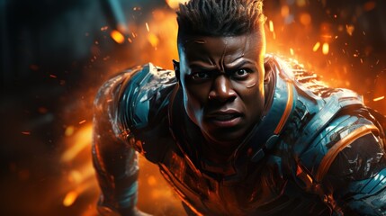 Portrait of a strong, African American running athlete focused on winning, against a bright background. Olympic games concept.