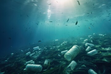 Obraz premium Plastic waste underwater, a plastic bottles in the sea