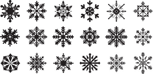Snowflakes big set icons. Flake crystal silhouette collection. Happy new year, xmas, christmas. Snow, holiday, cold weather, frost. Winter design elements. Vector illustration