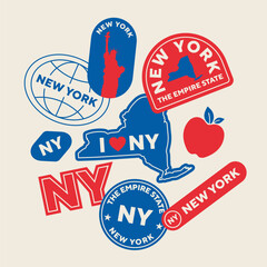 Sticker Pack. Collection of trendy pins. Set of cool patches vector design. New York State retro badges.