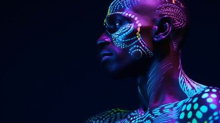 Fantastic, enigmatic African man with UV body art standing for the camera; the futuristic paint sparkles in neon.