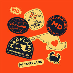 Sticker Pack. Collection of trendy pins. Set of cool patches vector design. Maryland retro badges.