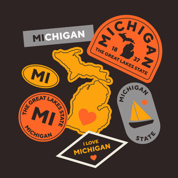 Sticker Pack. Collection of trendy pins. Set of cool patches vector design. Michigan retro badges.
