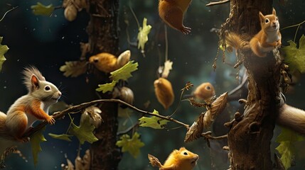  a group of squirrels sitting on top of a tree next to a forest filled with leaves and acorns.  generative ai