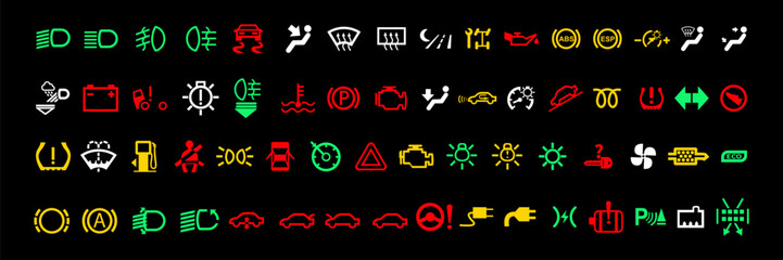 Car dashboard signs. Set of warning driving signs. Collection of the main indicators of the car on a black background eps10. - obrazy, fototapety, plakaty
