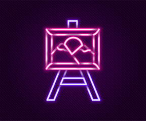 Glowing neon line Auction painting icon isolated on black background. Auction bidding. Sale and buyers. Colorful outline concept. Vector
