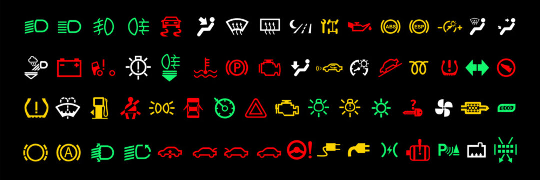 Car dashboard signs. Set of warning driving signs. Collection of the main indicators of the car on a black background eps10.