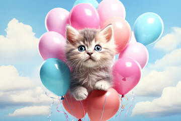 Fototapeta na wymiar Cute cat in the clouds in balloons, birthday card, newborn
