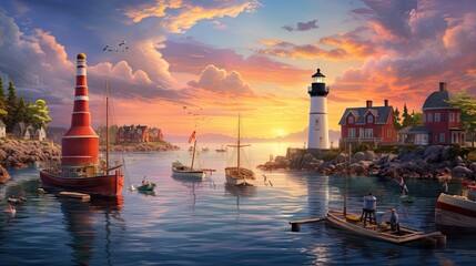  a painting of boats in a harbor with a lighthouse on the other side of the water and a red and white lighthouse on the other side of the water.  generative ai - obrazy, fototapety, plakaty