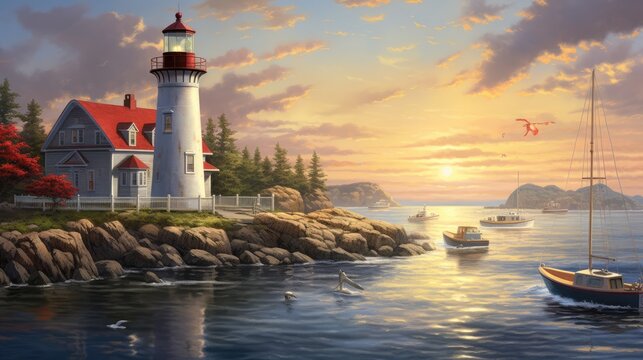  a painting of a lighthouse and a boat on a body of water in front of a lighthouse with a red roof.  generative ai