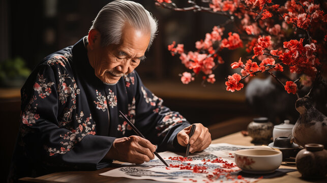 Traditional Chinese Calligraphy: A close-up of a skilled artist creating beautiful Chinese calligraphy to convey well wishes for the new year