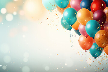 Colorful balloons on a bokeh background. Festive or party background greeting card. Copy space for text