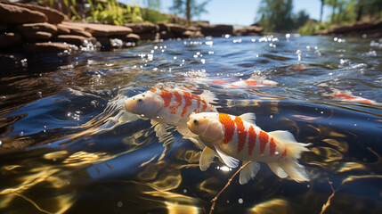 Koi Fish in a Pond: Vibrant koi fish swimming gracefully in a pond, symbolizing prosperity and good luck in Chinese culture - obrazy, fototapety, plakaty