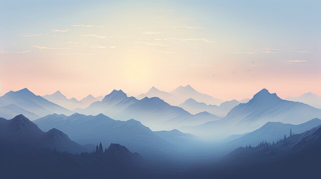  a view of a mountain range with the sun setting in the middle of the picture and a bird flying over the top of the mountain.  generative ai