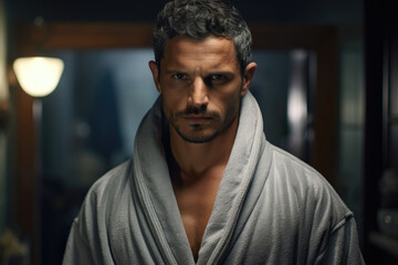 Man in bathrobe after a hard day at work, home comfort