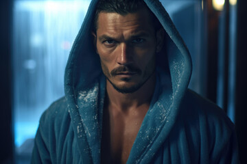 Man in bathrobe after a hard day at work, home comfort