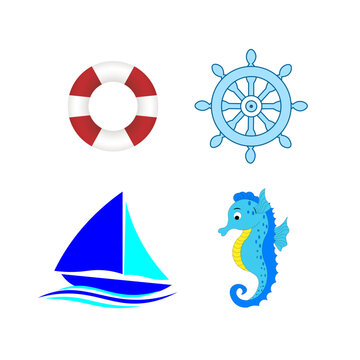 Vector illustration of cartoon stickers depicting a seahorse, a sailboat, a lifebuoy and a steering wheel