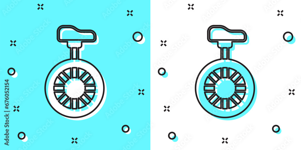 Wall mural Black line Unicycle or one wheel bicycle icon isolated on green and white background. Monowheel bicycle. Random dynamic shapes. Vector