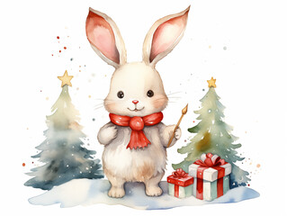 Cute winter smiling bunny watercolor illustration on white background