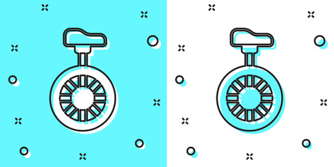 Black line Unicycle or one wheel bicycle icon isolated on green and white background. Monowheel bicycle. Random dynamic shapes. Vector © Kostiantyn
