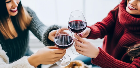 Joyful young people in winterwear in winter mountains enjoying drinks vine together. Happy friends group toasting red wine dining at restaurant terrace. Winter weekend