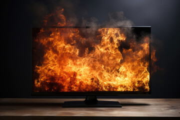 Burning TV with fire and flames, faulty equipment - obrazy, fototapety, plakaty