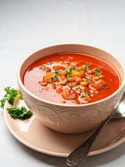 Greek bean soup Fasolada with tomatoes, carrot, celery and onion in bowl on concrete background