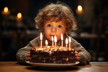 Young boy near birthday cake with candles