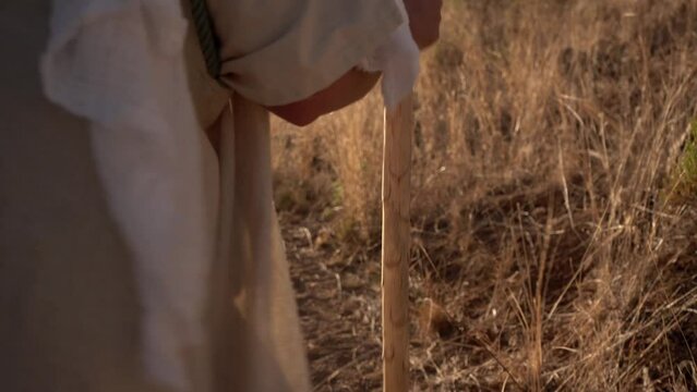 A Bible prophet walking with his staff