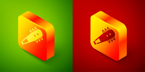 Isometric Medieval chained mace ball icon isolated on green and red background. Morgenstern medieval weapon or mace with spikes. Square button. Vector