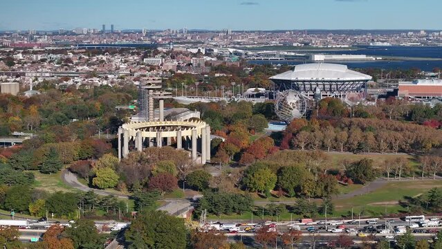 Aerial shot of Flushing Meadows Park, Queens. Shot on an autumn morning in New York City.