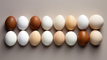  a group of brown and white eggs lined up in a row on a gray and white background with one brown egg in the middle of the row.  generative ai