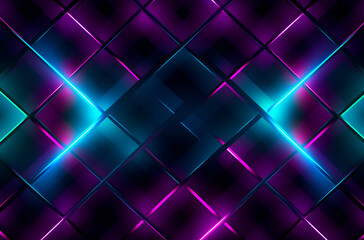 A bright and colorful abstract pattern with a geometric pattern, diamonds creates the illusion of depth and a 3D effect, neon edges, blue, violet, magenta and cyan, light reflects and refracts in the 