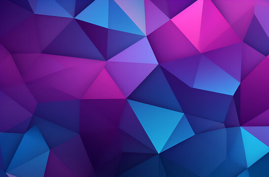 a geometric pattern consisting of a low poly design, a style that represents a three-dimensional object using a series of polygons. Colors in various shades of blue, purple and pink, as wallpaper for 